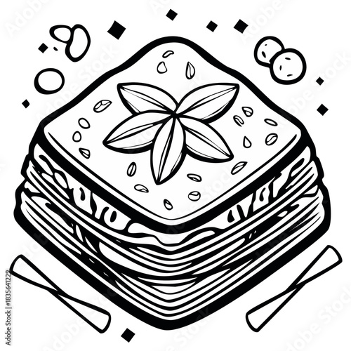 Black and white line art illustration of a layered baklava dessert with star anise topping