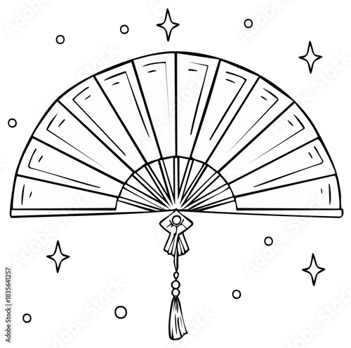 Elegant hand fan adorned with a decorative tassel and sparkling celestial elements