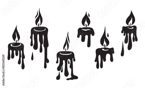 Set of six dripping black candles with flames fire
