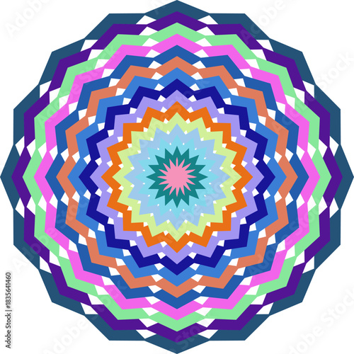 Colorful Geometric Kaleidoscope Pattern Design Background with Concentric Shapes and Vibrant Hues Ideal for Creative Projects