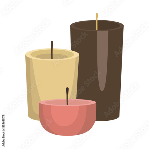 Three colorful candles of different sizes on white background Keywords: candles, colorful, three