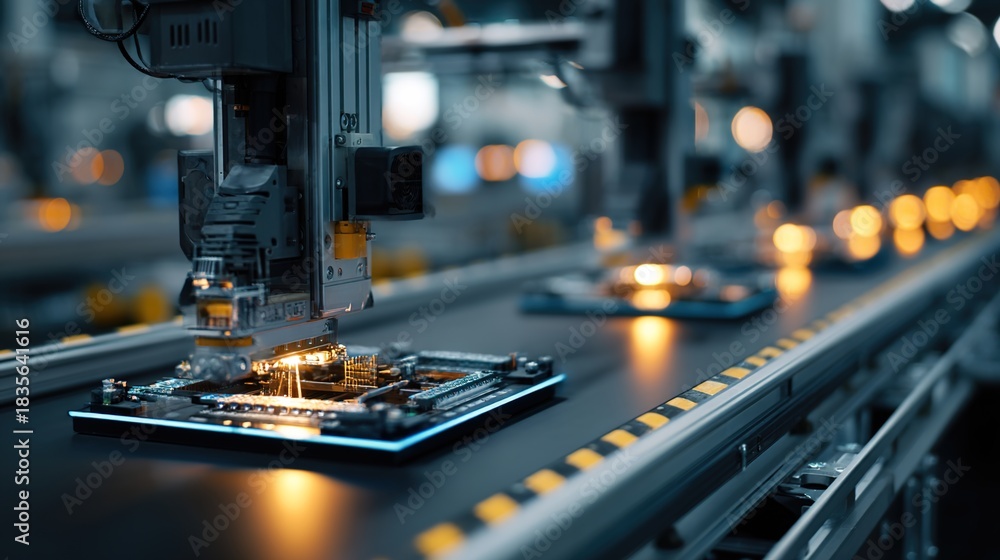 Fototapeta premium Automation in Progress: An industrial landscape showcases advanced machinery meticulously assembling electronic components on a production line.