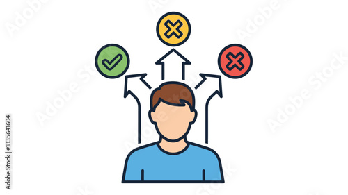 Decision making process illustrated with a person considering options and possible outcomes