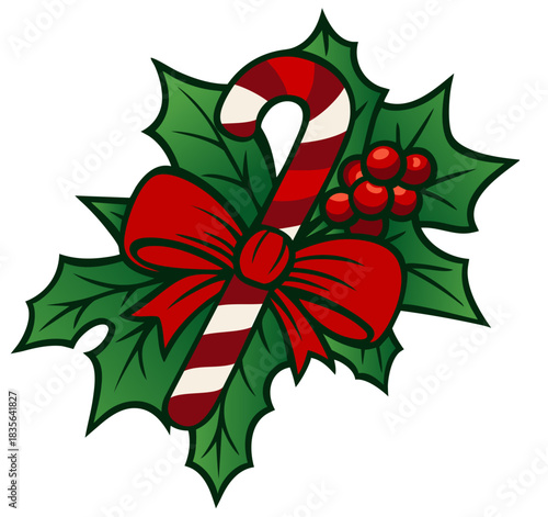 Christmas Candy Cane Bow – Holly Leaves, Red Berries and Festive Ribbon, Christmas Holly Cluster