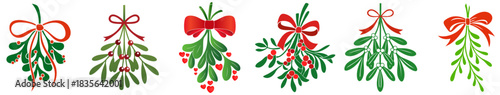 Christmas Mistletoe Bundle. Holiday Kissing Sprigs with Red and White Berries and Festive Bows