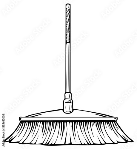 Vintage monochrome illustration of a wide push broom for sweeping and cleaning chores