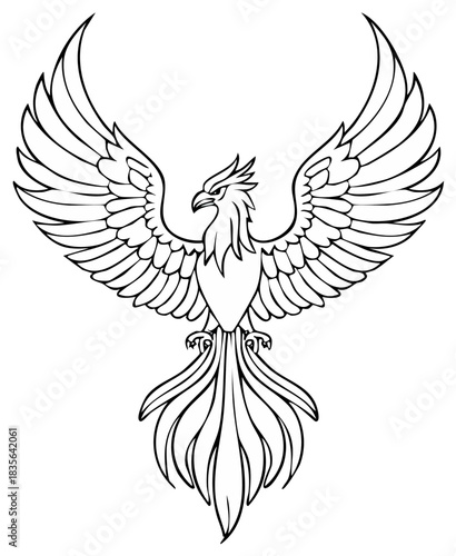 Majestic Phoenix Bird Rising with Outstretched Wings Line Art Illustration