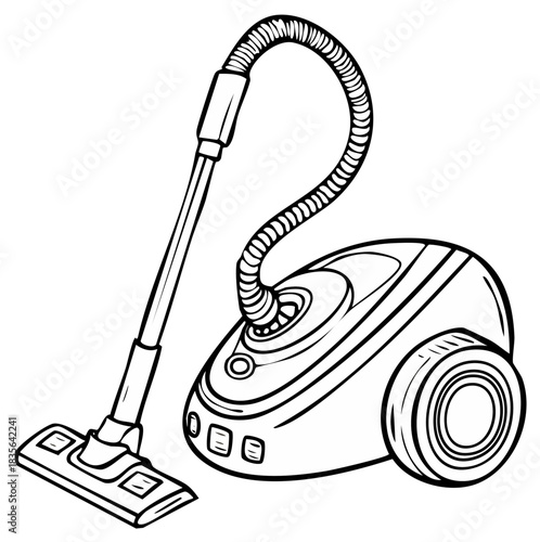 Detailed black and white line art illustration of a modern household canister vacuum cleaner for home cleaning