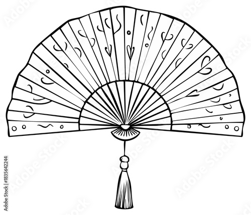 Stylized cultural folding fan line art illustration featuring a decorative tassel