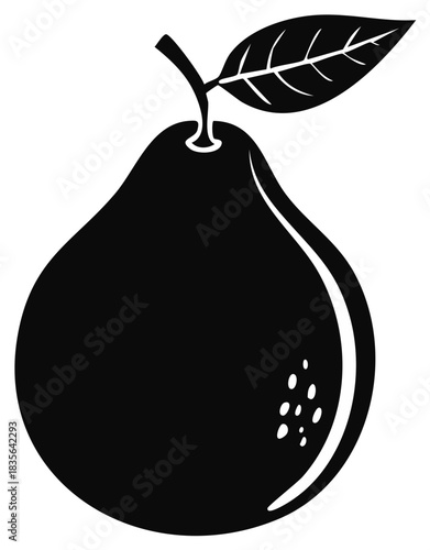 Black silhouette of a pear with a leaf and stem detail a simple fruit illustration