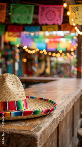 cinco de mayo festive sombrero resting on rustic wooden bar beneath colorful papel picado decorations and warm party lights for lively celebration imager