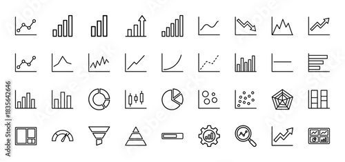 Business and finance line icon set. Vector pictograms of bar charts, pie graphs, and data analysis tools, thin outline illustration.