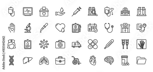Medical and healthcare line icon set. Vector pictograms of syringe, heart, hospital, stethoscope, and DNA, thin outline illustration.