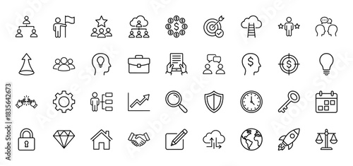 Business and management line icon set. Vector pictograms of teamwork, strategy, growth, and development, thin outline illustration.
