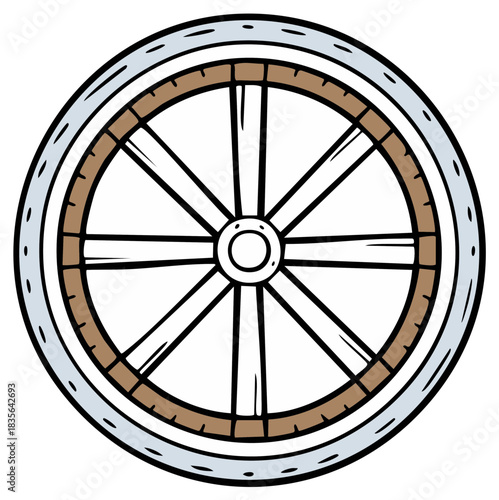 Rustic wooden wagon wheel with a metal outer rim and spokes cartoon illustration