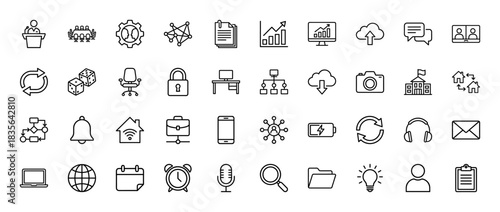 Business and office line icon set. Vector pictograms of teamwork, gears, data analysis, laptop, and communication, thin outline illustration.