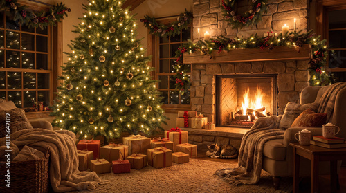 Warm Christmas Living Room by Fireplace. Cozy decorated room with glowing tree, gifts, fire, and peaceful holiday ambience