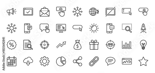 Marketing and business line icon set. Vector pictograms of megaphone, mail, target, chart, and click, thin outline illustration.
