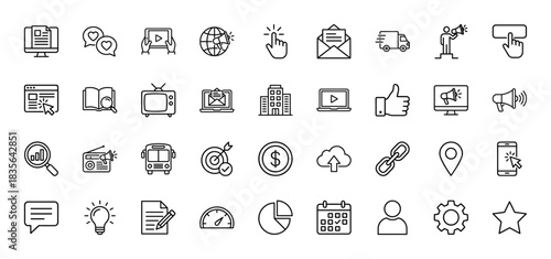 Digital marketing and business line icon set. Vector pictograms of website, click, email, dollar, and calendar, thin outline illustration.