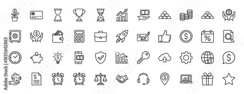Finance and business line icon set. Vector pictograms of dollar, gold bars, wallet, safe, chart, and briefcase, thin outline illustration.