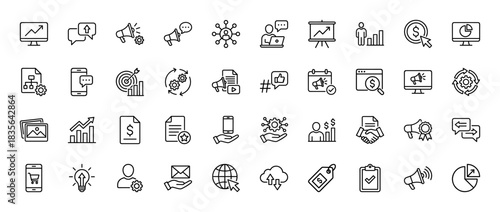 Marketing and business line icon set. Vector pictograms of charts, megaphone, communication, and analytics, thin outline illustration.