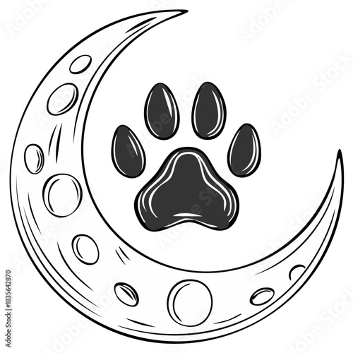Stylized crescent moon with craters featuring a dark paw print emblem graphic design