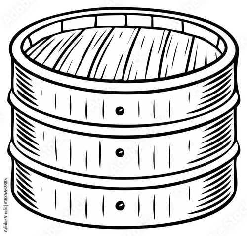 Traditional Asian bamboo steamer basket for cooking dim sum and other food line art illustration