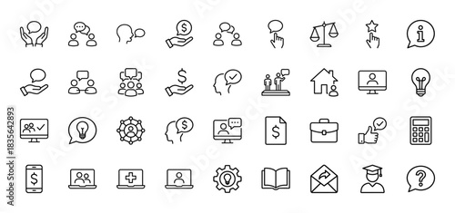Business consulting line icon set. Vector pictograms of networking, finance hand, video call, idea, briefcase, calculator and graduation cap, thin outline illustration.