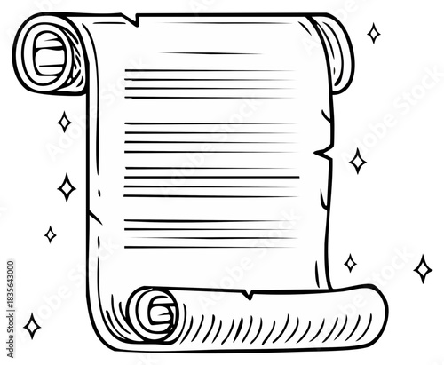 Unfurled parchment scroll with blank text lines and magical stars outline art