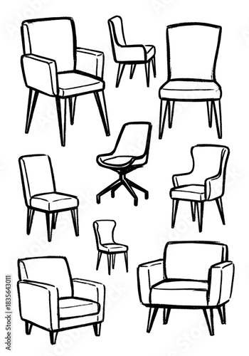 Hand-drawn furniture collection sketch, featuring various contemporary and classic seating pieces, accent armchairs, dining and office chairs, black and white line art