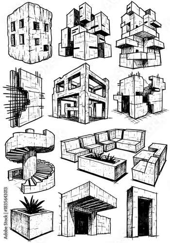 Rough, distressed ink sketches of brutalist architectural concepts- abstract concrete buildings, raw modular structures, spiral stairs, and urban planters