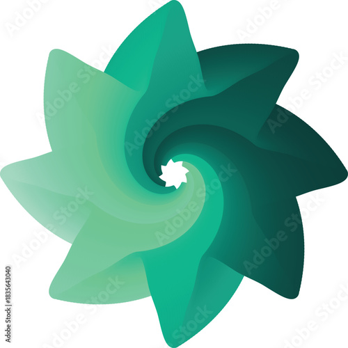 Abstract Star-Shaped Swirl with Teal and Green Gradient Colors, Perfect for Modern Logo Design, Technology, Energy, Ecology, and Digital Backgrounds.