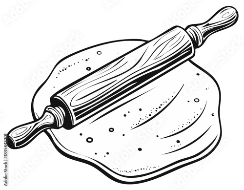 Rolling pin on dough, food preparation, vector illustration