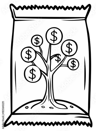 Conceptual illustration of a money tree with dollar coins growing inside a sealed seed packet