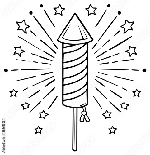 Black and white firework rocket igniting with radiating stars and explosion lines celebration design