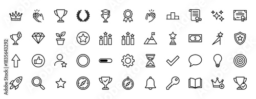 Achievement and success line icon set. Vector pictograms of crown, trophy, medal, diploma, and goal, thin outline illustration.