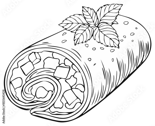 Drawn illustration of a filled wrap with leafy garnish on white.