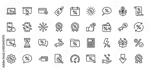 Finance and shopping line icon set. Vector pictograms of discount, sale, percentage, money, and calculation, thin outline illustration.