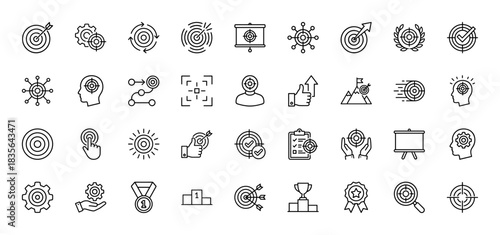 Business and strategy line icon set. Vector pictograms of target, goal, success, planning, and achievement, thin outline illustration.