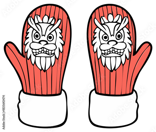Pair of red winter mittens with owl face design, cozy winter gloves