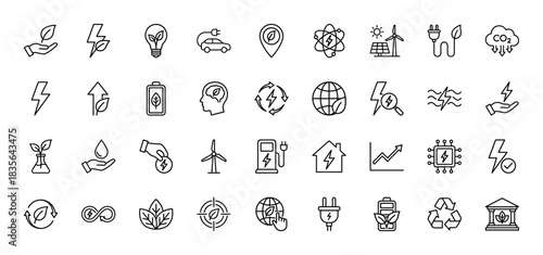 Sustainability and clean energy line icon set. Vector pictograms of wind power, solar, battery, electric car, and recycling, thin outline illustration.