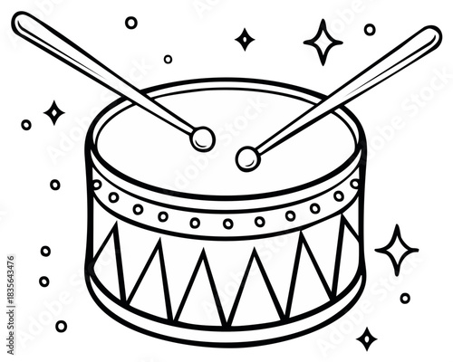 Stylized black and white drum and drumsticks line art for music, rhythm, and celebration themes with sparkle accents
