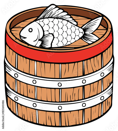 Traditional Fish in Wooden Barrel Graphic Illustration for Culinary Theme
