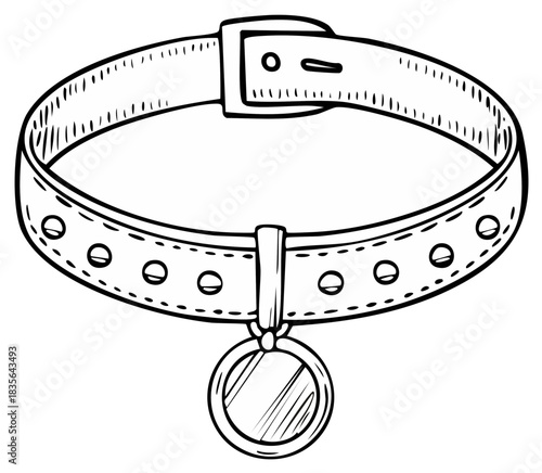 Hand drawn pet collar with identification tag and adjustable buckle line art