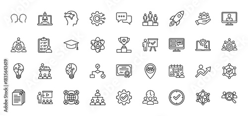 Business and education line icon set. Vector pictograms of teamwork, startup, knowledge, achievement, and training, thin outline illustration.