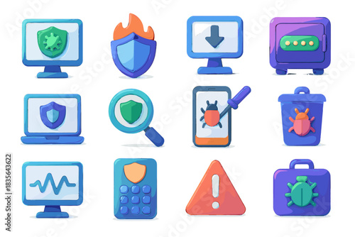 Network malware icon cybersecurity penetration scanner vector set test software security firewall