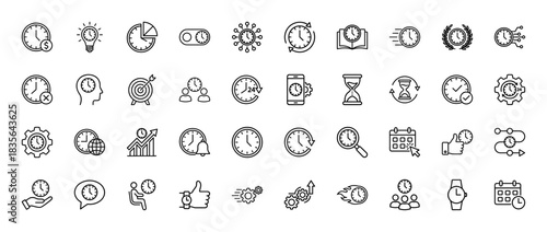 Time management and planning line icon set. Vector pictograms of clock, calendar, hourglass, and speed, thin outline illustration.