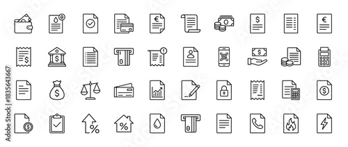 Finance and banking line icon set. Vector pictograms of receipts, bills, credit cards, currency, and money, thin outline illustration.