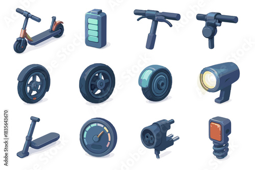 Kickstand vector motor brake icon foldable reflector electric scooter charging rear suspension