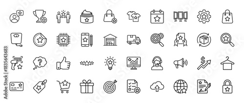 E-commerce and loyalty program line icon set. Vector pictograms of shopping, delivery, rating, and customer service, thin outline illustration.